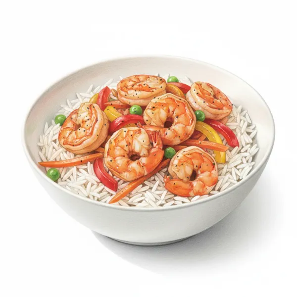 Camarão Frito com Arroz e Vegetais
